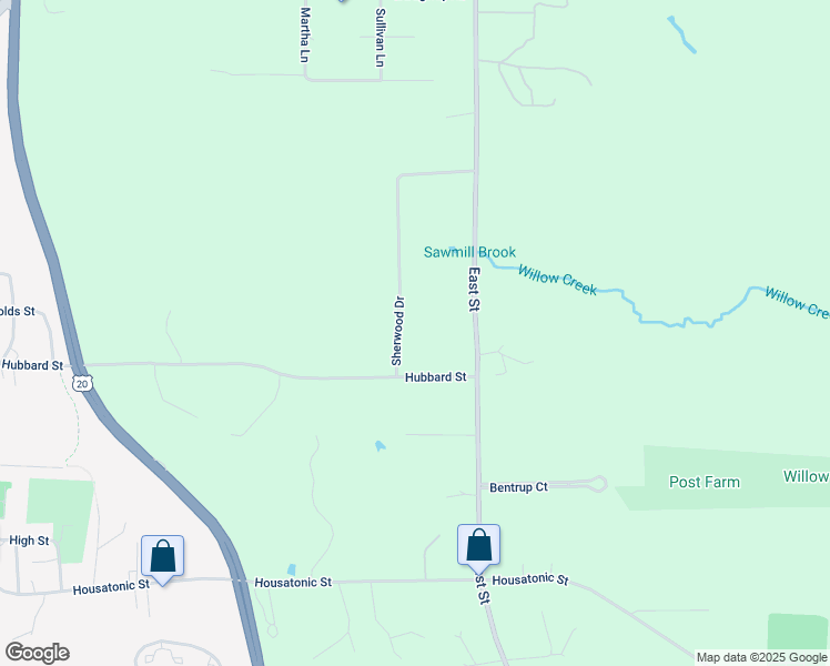 map of restaurants, bars, coffee shops, grocery stores, and more near 20 Sherwood Dr in Lenox