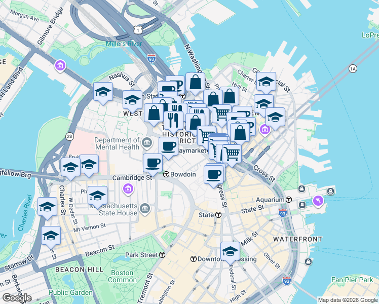 map of restaurants, bars, coffee shops, grocery stores, and more near 1 Congress Street in Boston