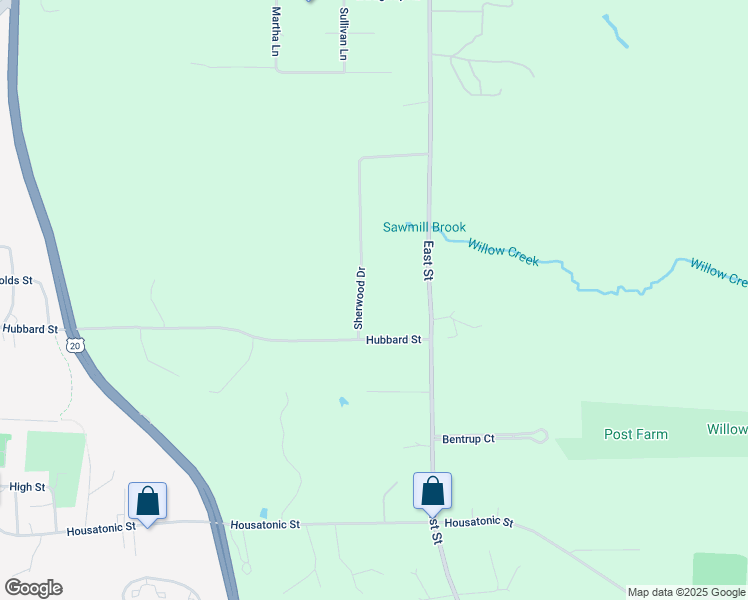 map of restaurants, bars, coffee shops, grocery stores, and more near 20 Sherwood Dr in Lenox