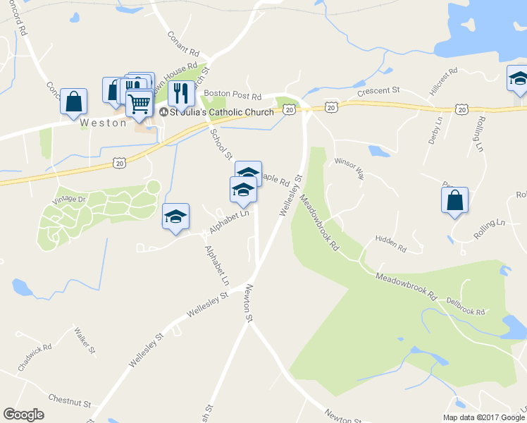 map of restaurants, bars, coffee shops, grocery stores, and more near 78 School Street in Weston