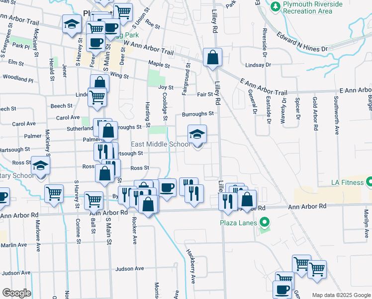 map of restaurants, bars, coffee shops, grocery stores, and more near 26 East Middle School in Plymouth