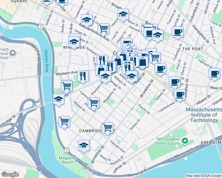 map of restaurants, bars, coffee shops, grocery stores, and more near 55 Magazine Street in Cambridge