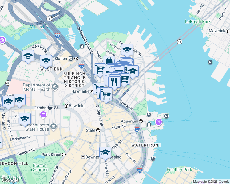 map of restaurants, bars, coffee shops, grocery stores, and more near 217 Hanover Street in Boston