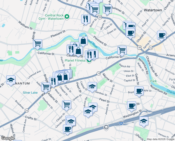 map of restaurants, bars, coffee shops, grocery stores, and more near 25 Lyons Court in Watertown