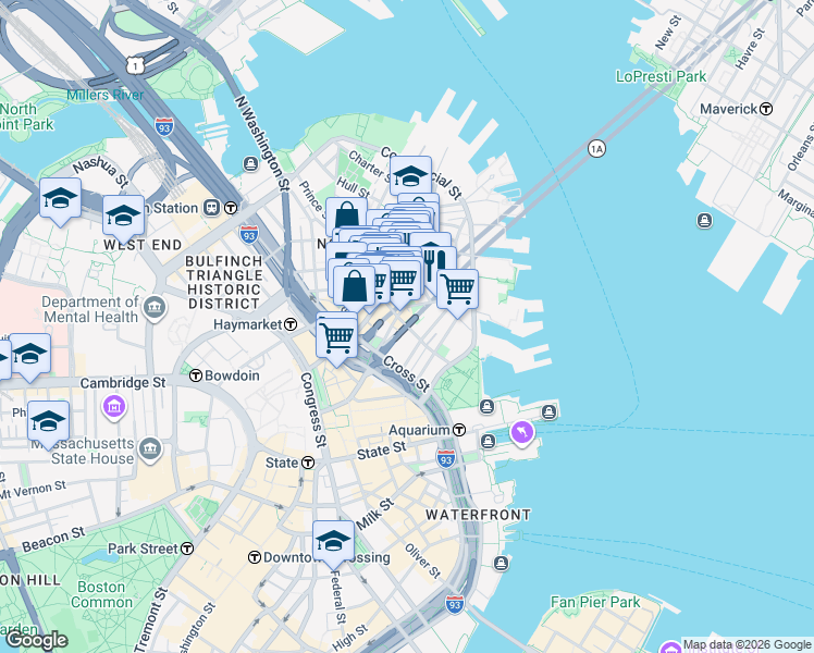 map of restaurants, bars, coffee shops, grocery stores, and more near 105 Richmond Street in Boston