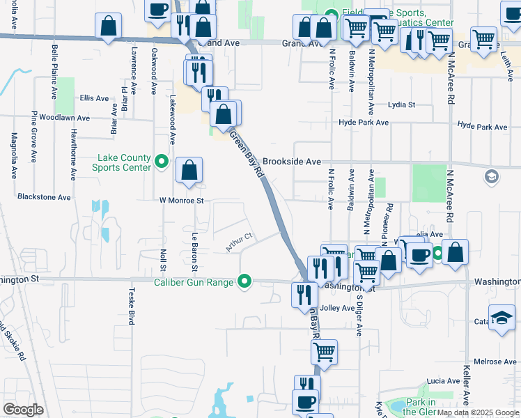 map of restaurants, bars, coffee shops, grocery stores, and more near 202 North Green Bay Road in Waukegan