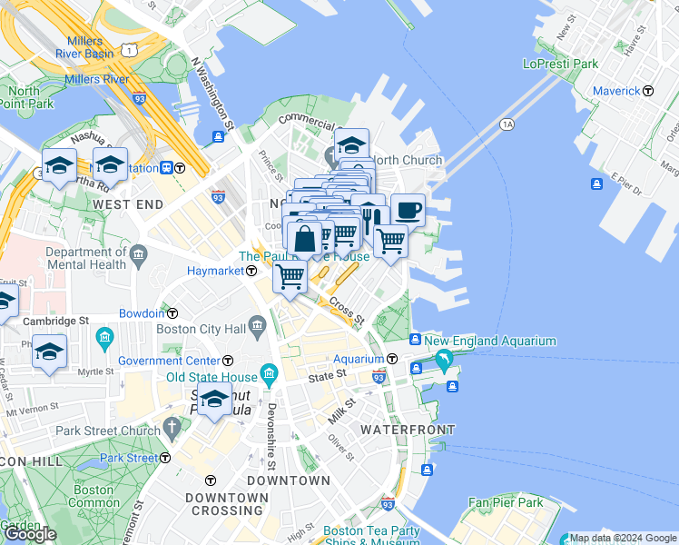 map of restaurants, bars, coffee shops, grocery stores, and more near 35 Quincy Court in Boston