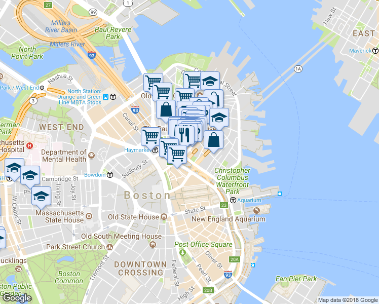 map of restaurants, bars, coffee shops, grocery stores, and more near in Boston