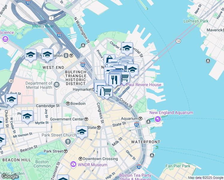map of restaurants, bars, coffee shops, grocery stores, and more near in Boston