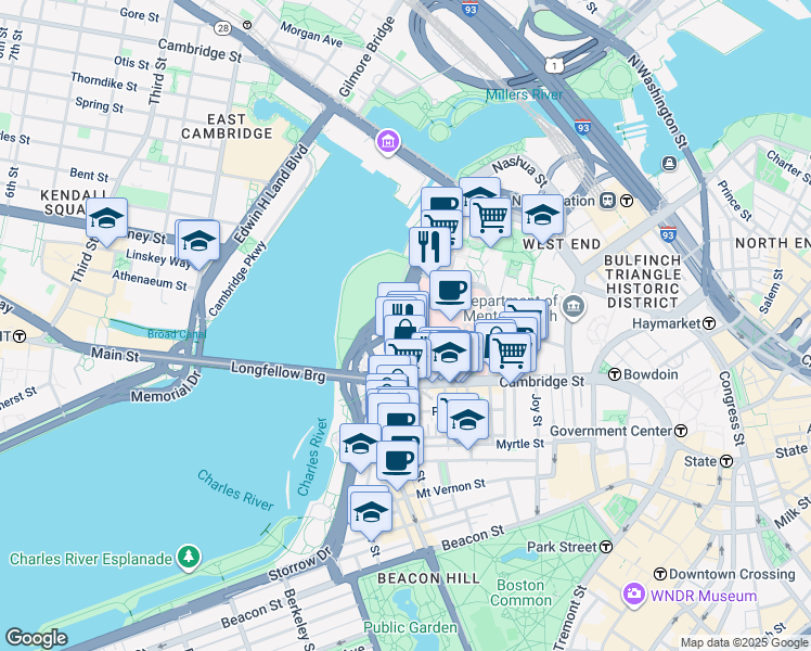 map of restaurants, bars, coffee shops, grocery stores, and more near 234 Charles Street in Boston