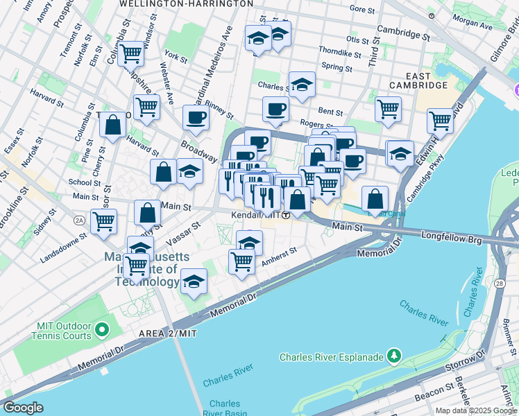 map of restaurants, bars, coffee shops, grocery stores, and more near 80 Broadway in Cambridge