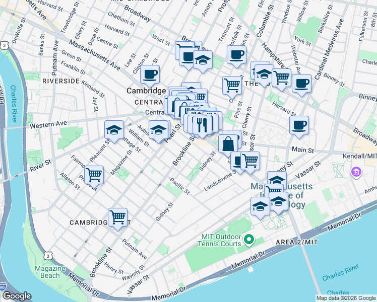 map of restaurants, bars, coffee shops, grocery stores, and more near 129 Franklin Street in Cambridge