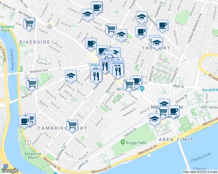 map of restaurants, bars, coffee shops, grocery stores, and more near 172 Franklin Street in Cambridge