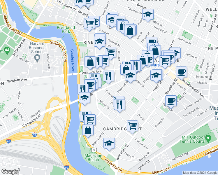 map of restaurants, bars, coffee shops, grocery stores, and more near 241 River Street in Cambridge