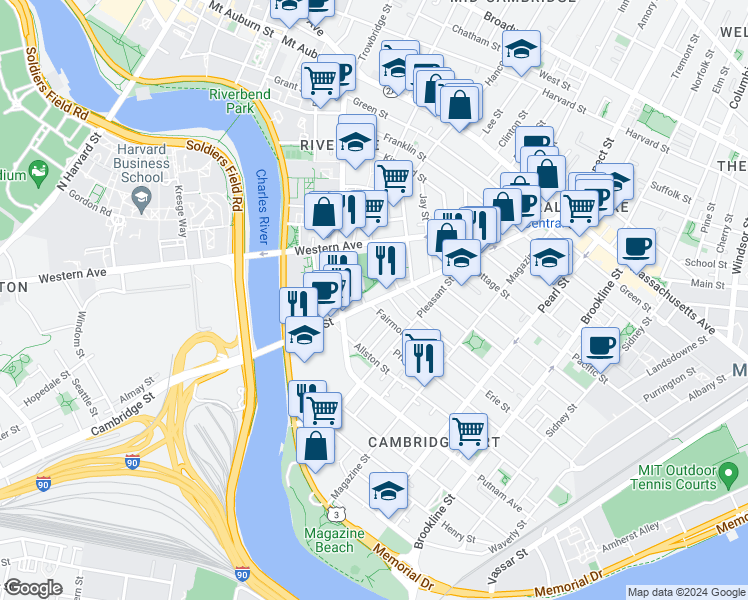 map of restaurants, bars, coffee shops, grocery stores, and more near 241 River Street in Cambridge