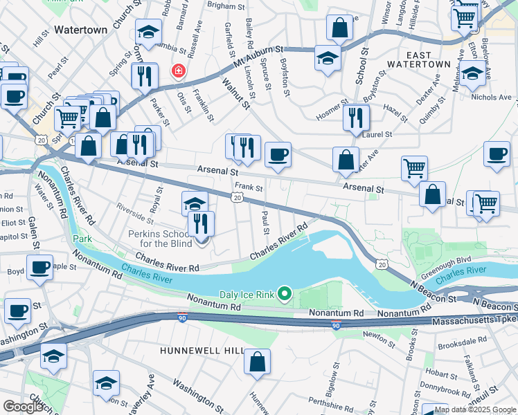 map of restaurants, bars, coffee shops, grocery stores, and more near 231 North Beacon Street in Watertown