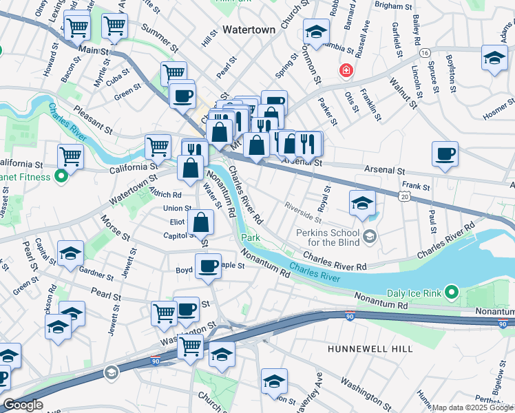 map of restaurants, bars, coffee shops, grocery stores, and more near 18 Wheeler Lane in Watertown