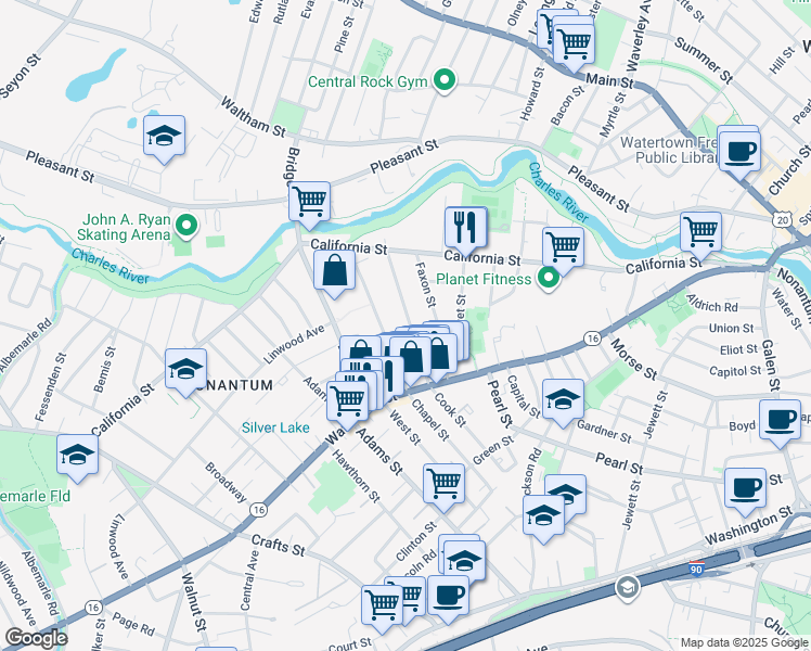 map of restaurants, bars, coffee shops, grocery stores, and more near 84 Chapel Street in Newton