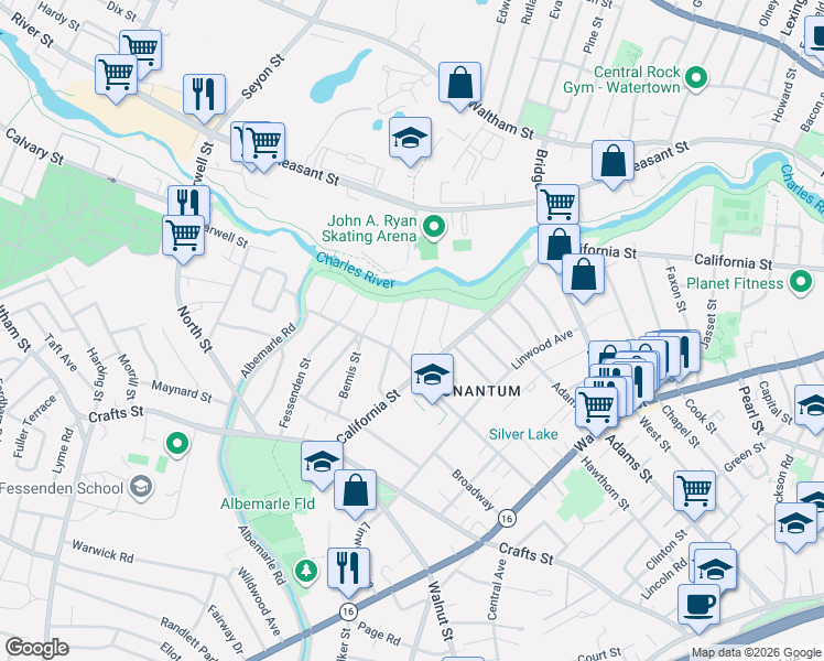 map of restaurants, bars, coffee shops, grocery stores, and more near 21 Thaxter Road in Newton