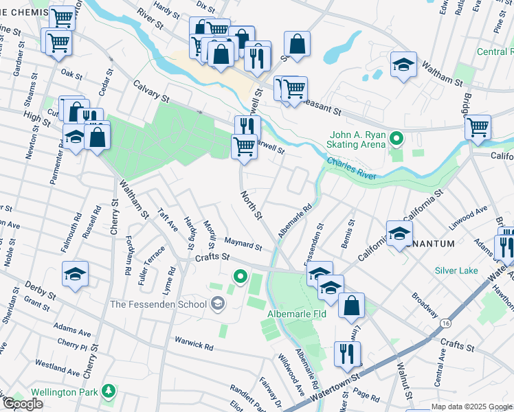 map of restaurants, bars, coffee shops, grocery stores, and more near 110 North Street in Newton
