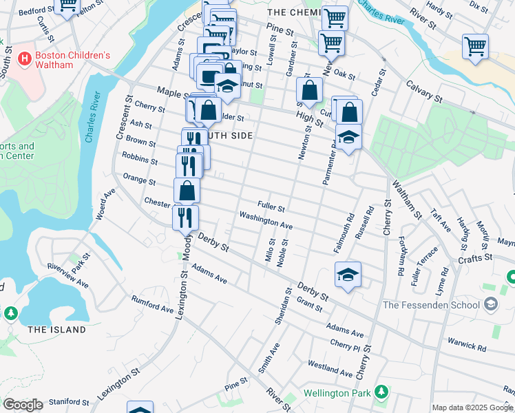 map of restaurants, bars, coffee shops, grocery stores, and more near 20 Fuller Street in Waltham