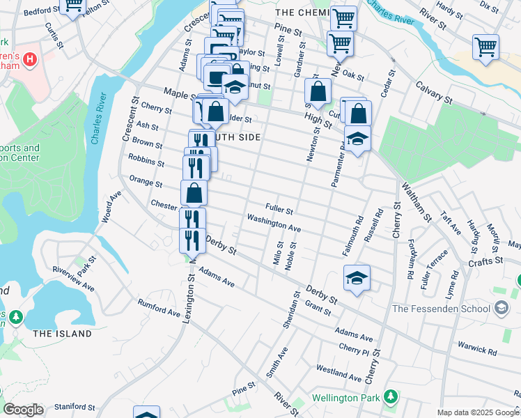 map of restaurants, bars, coffee shops, grocery stores, and more near 20 Fuller Street in Waltham