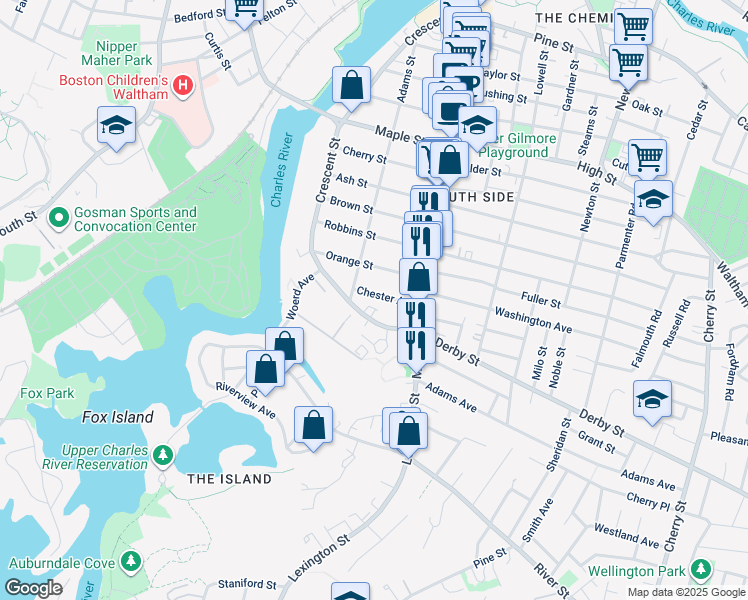 map of restaurants, bars, coffee shops, grocery stores, and more near 21 Chester Avenue in Waltham