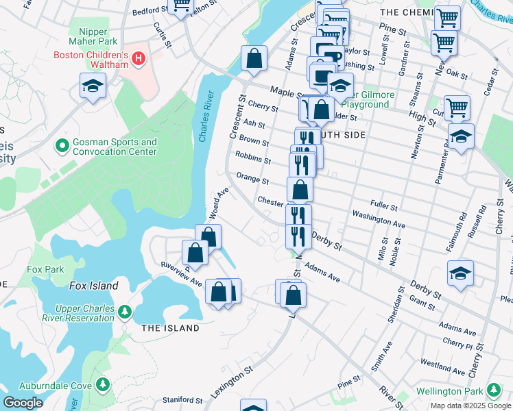 map of restaurants, bars, coffee shops, grocery stores, and more near 334 Crescent Street in Waltham