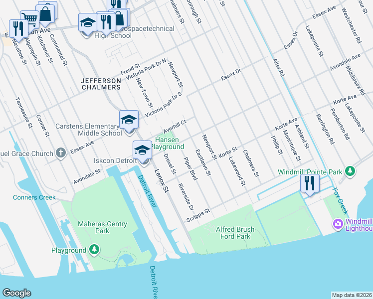 map of restaurants, bars, coffee shops, grocery stores, and more near 371 Eastlawn Street in Detroit