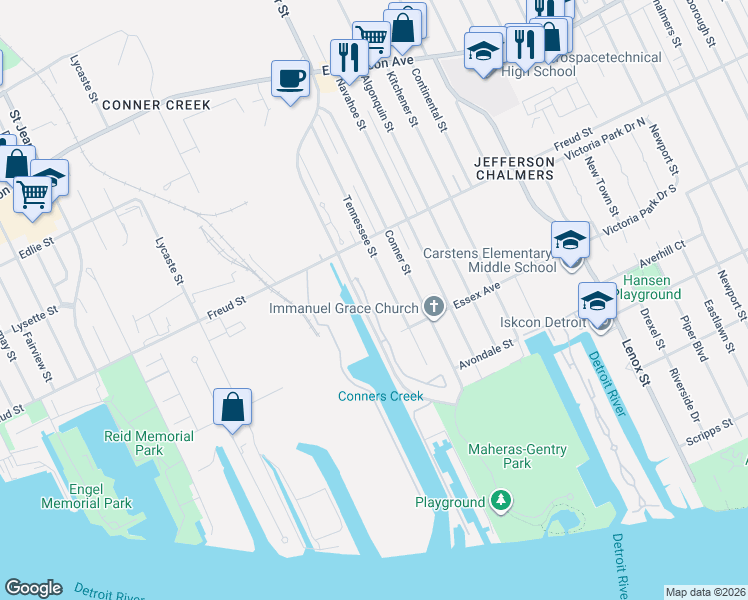 map of restaurants, bars, coffee shops, grocery stores, and more near 595 Tennessee Street in Detroit