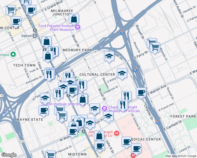 map of restaurants, bars, coffee shops, grocery stores, and more near in Detroit