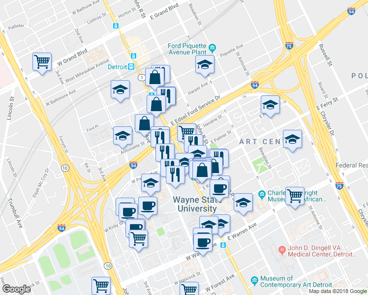 map of restaurants, bars, coffee shops, grocery stores, and more near 73 East Palmer Street in Detroit