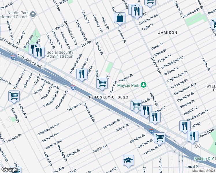 map of restaurants, bars, coffee shops, grocery stores, and more near 8561 Quincy Street in Detroit
