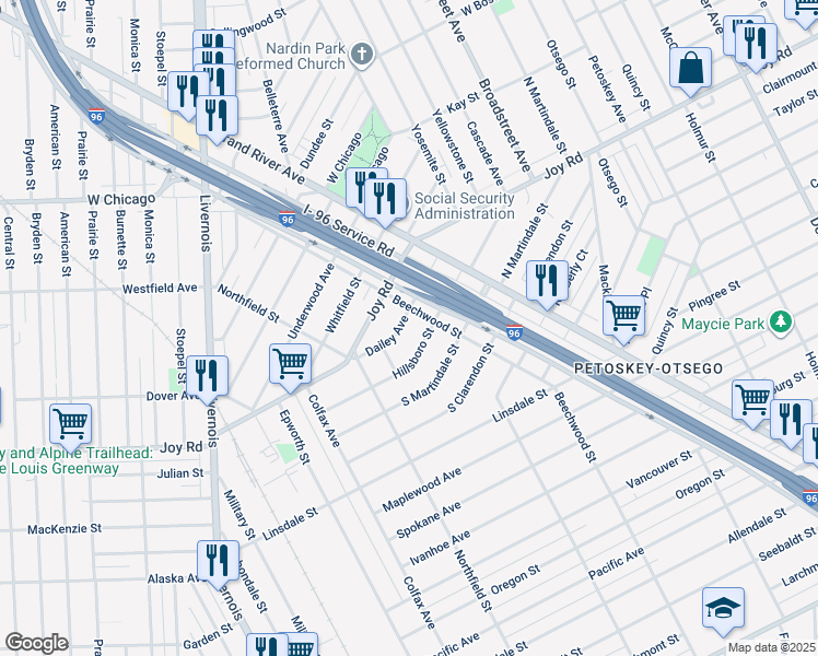 map of restaurants, bars, coffee shops, grocery stores, and more near 5000 Hillsboro Street in Detroit