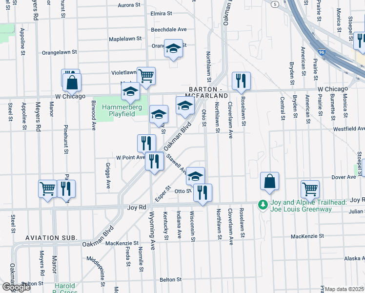 map of restaurants, bars, coffee shops, grocery stores, and more near 5047 Oakman Boulevard in Detroit