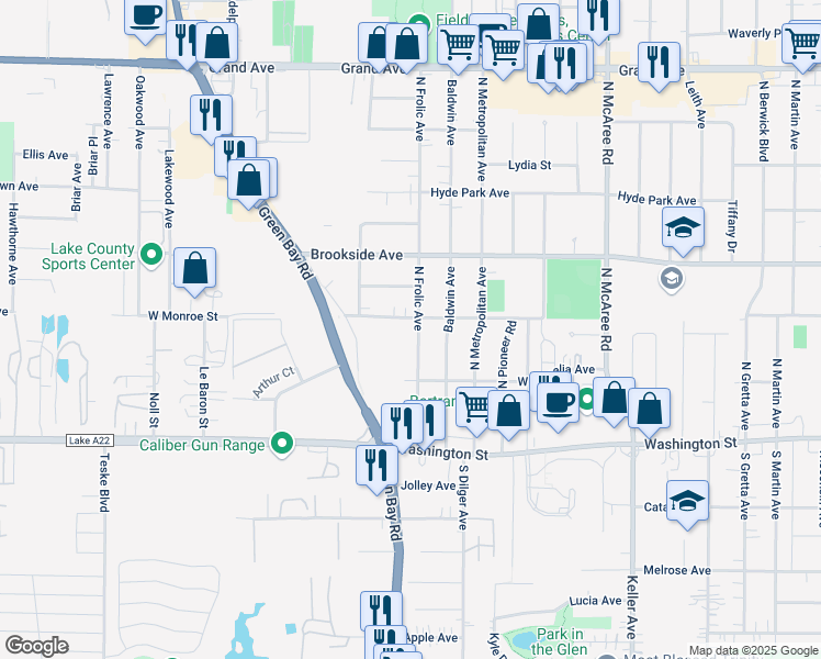 map of restaurants, bars, coffee shops, grocery stores, and more near 122 North Frolic Avenue in Waukegan