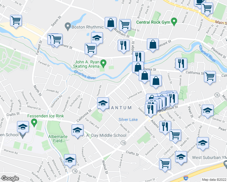 map of restaurants, bars, coffee shops, grocery stores, and more near California St & Woodrow Ave in Newton