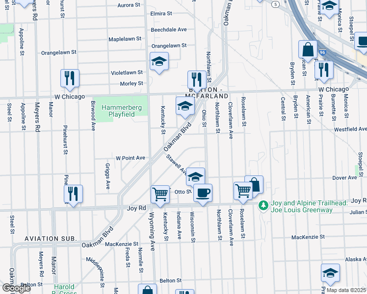 map of restaurants, bars, coffee shops, grocery stores, and more near 5047 Oakman Boulevard in Detroit