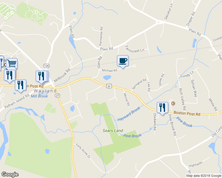 map of restaurants, bars, coffee shops, grocery stores, and more near 179 Boston Post Road in Wayland