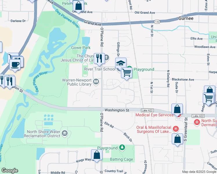 map of restaurants, bars, coffee shops, grocery stores, and more near 4487 Sheffield Court in Gurnee