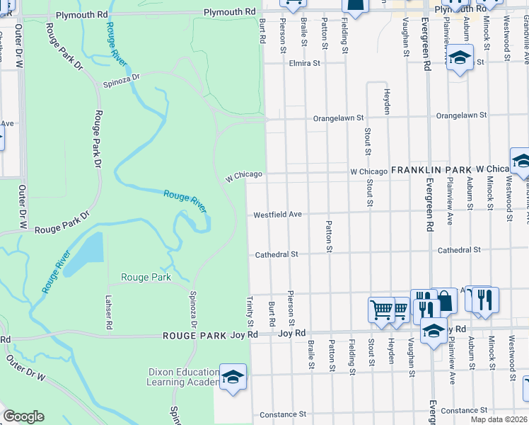 map of restaurants, bars, coffee shops, grocery stores, and more near 9316 Burt Road in Detroit