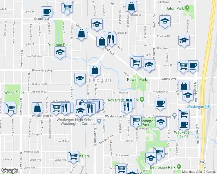 map of restaurants, bars, coffee shops, grocery stores, and more near 908 West Clayton Street in Waukegan