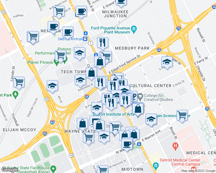 map of restaurants, bars, coffee shops, grocery stores, and more near 5801 Woodward Avenue in Detroit