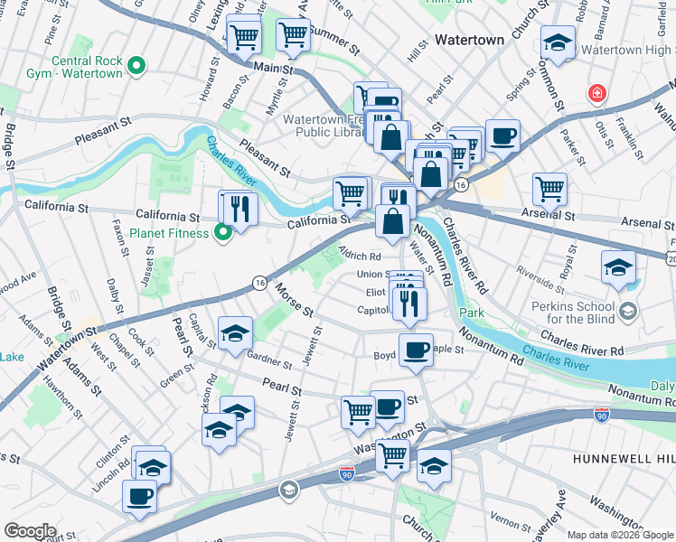 map of restaurants, bars, coffee shops, grocery stores, and more near 49 Union Street in Watertown