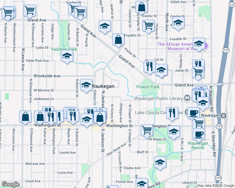 map of restaurants, bars, coffee shops, grocery stores, and more near 908 West Clayton Street in Waukegan