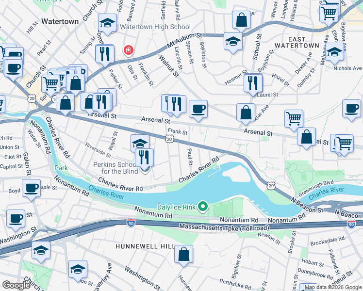 map of restaurants, bars, coffee shops, grocery stores, and more near 231 North Beacon Street in Watertown