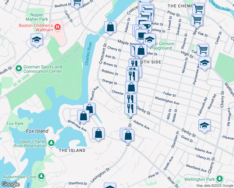 map of restaurants, bars, coffee shops, grocery stores, and more near 21 Chester Avenue in Waltham