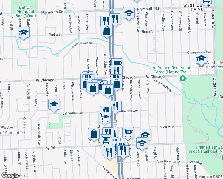 map of restaurants, bars, coffee shops, grocery stores, and more near 9369 Telegraph Road in Redford Charter Township