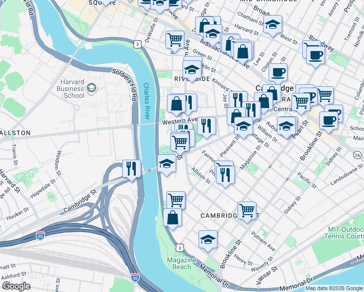 map of restaurants, bars, coffee shops, grocery stores, and more near 327 River Street in Cambridge