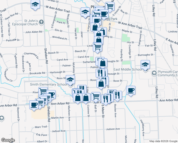 map of restaurants, bars, coffee shops, grocery stores, and more near 978 Hartsough Street in Plymouth